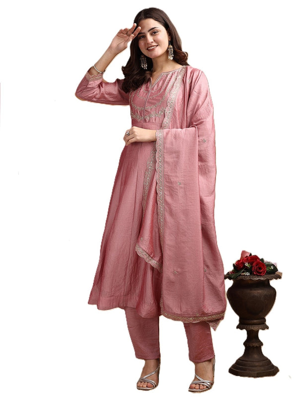 Vichitra Silk Embroidered Kurta Pant with Dupatta Set