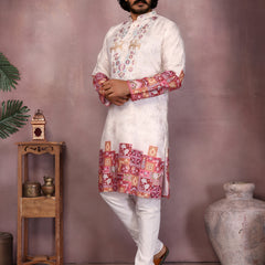 Men’s Heavy Khadi Cotton Printed Kurta with Embroidered Neck & Pyjama