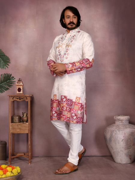 Men’s Heavy Khadi Cotton Printed Kurta with Embroidered Neck & Pyjama