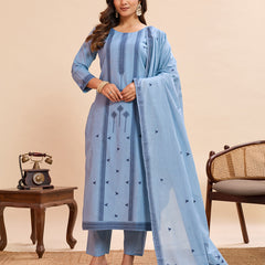 Women's Pure Cotton Jacquard Kurta With Pant & Cotton Dupatta Set