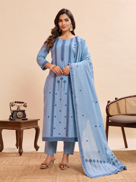 Women's Pure Cotton Jacquard Kurta With Pant & Cotton Dupatta Set