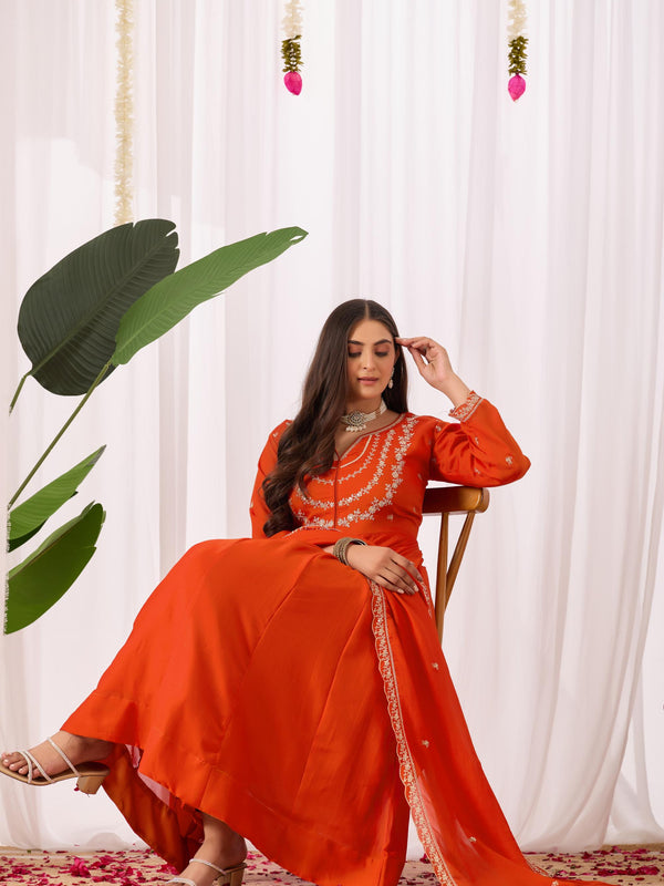 Vichitra Silk Embroidered Kurta Pant with Dupatta Set