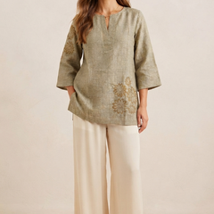 Women’s Olive Green Linen Cotton Embroidered Split V-Neck Top