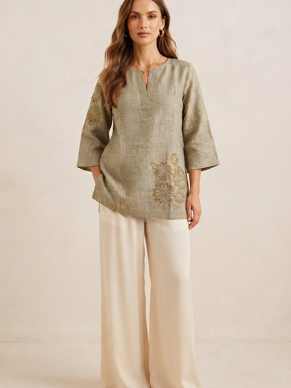 Women’s Olive Green Linen Cotton Embroidered Split V-Neck Top
