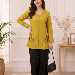 Women’s Mustard Yellow Embroidered Cotton-Silk Fancy Top