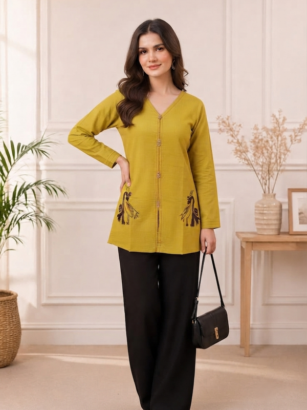 Women’s Mustard Yellow Embroidered Cotton-Silk Fancy Top
