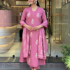 Women's Cotton Embroidered Kurta Pant & Printed Dupatta Set