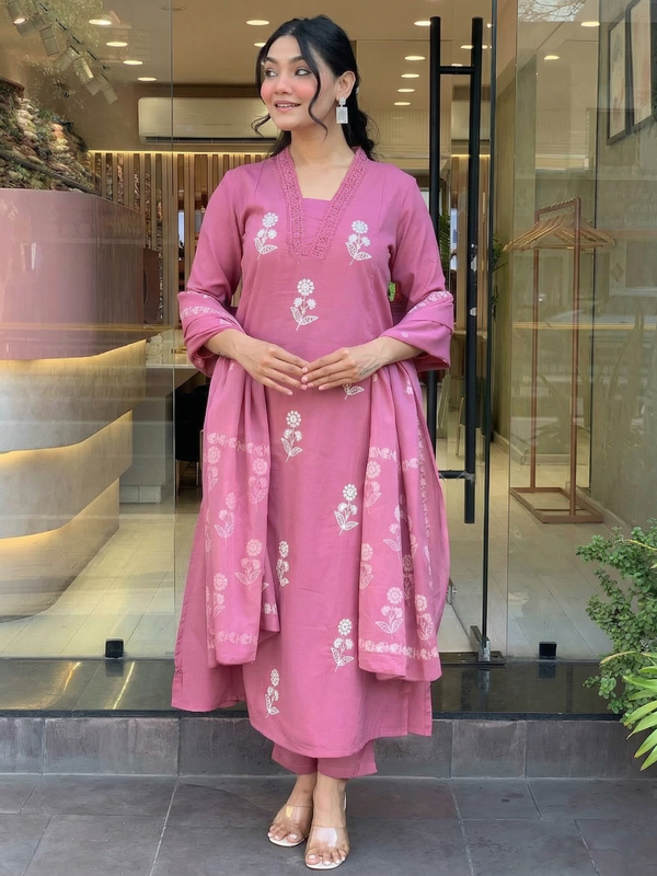 Women's Cotton Embroidered Kurta Pant & Printed Dupatta Set