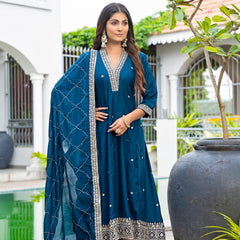Women's Vichitra Silk Embroidered Kurta Pant Dupatta Set