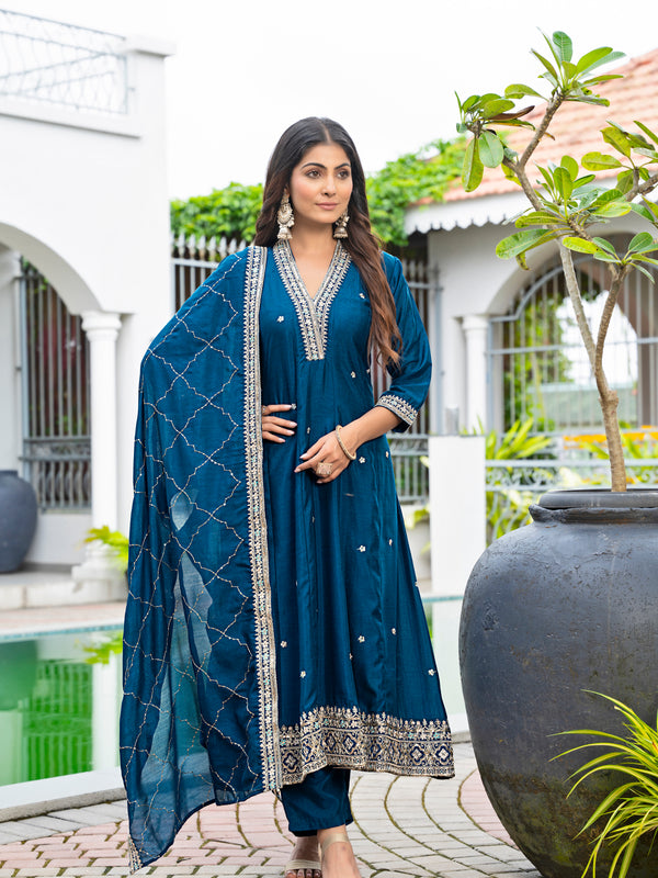 Women's Vichitra Silk Embroidered Kurta Pant Dupatta Set