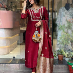 Pure Cotton Kurta Set With Zcard Dupatta