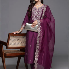 Women’s Chanderi Embroidered Kurta with Stitched Bottom & Organza Dupatta Set