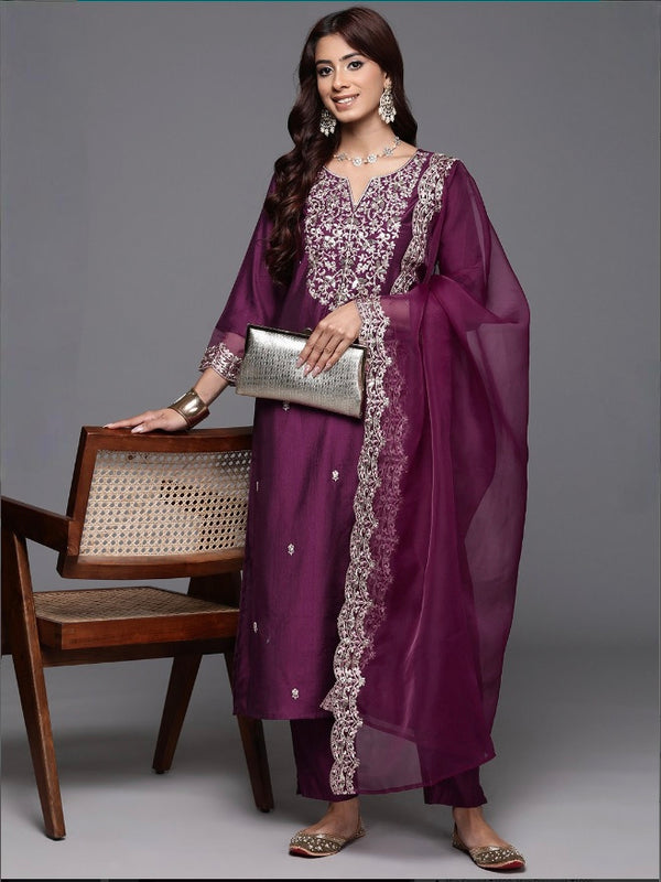 Women’s Chanderi Embroidered Kurta with Stitched Bottom & Organza Dupatta Set