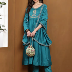 Vichitra Silk Kurta Pant Set With Vichitra Silk Dupatta