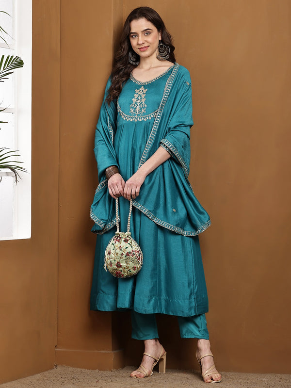 Vichitra Silk Kurta Pant Set With Vichitra Silk Dupatta