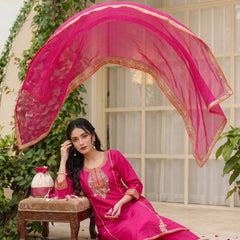 Women's Silk With Cotton Lining Embroidered A-Line Kurta with Pant & Chanderi Cotton Dupatta Set