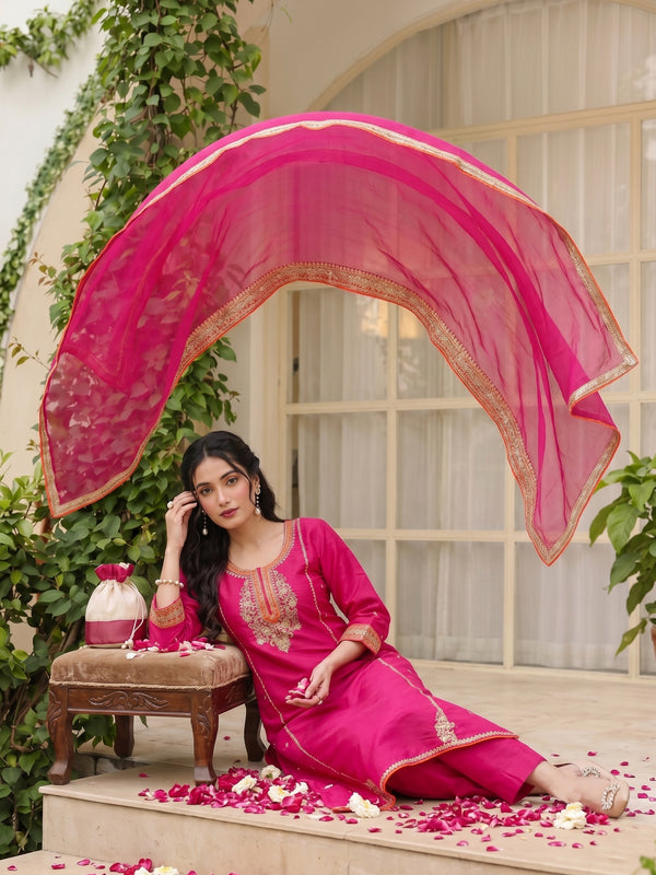 Women's Silk With Cotton Lining Embroidered A-Line Kurta with Pant & Chanderi Cotton Dupatta Set