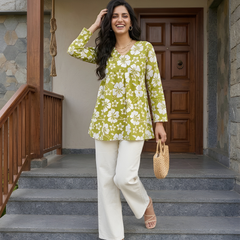 Women’s White-Parrot Cotton Printed Flared Kurti