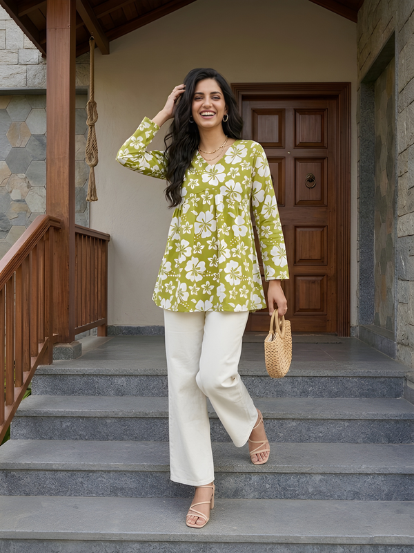 Women’s White-Parrot Cotton Printed Flared Kurti