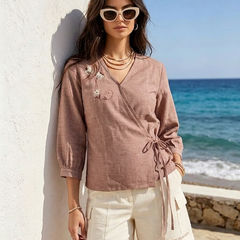 Women’s Dusty Rose Linen Cotton Embroidered V-Neck Top
