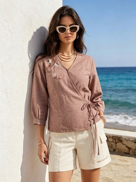 Women’s Dusty Rose Linen Cotton Embroidered V-Neck Top
