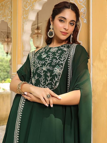 Women’s Georgette Anarkali Maxi Dress with Embroidered Cape