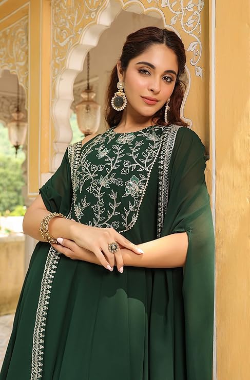 Women’s Georgette Anarkali Maxi Dress with Embroidered Cape