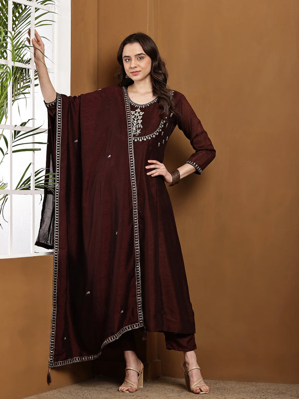 Vichitra Silk Kurta Pant Set With Vichitra Silk Dupatta