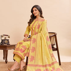 Women's Pure Cotton Jacquard Kurta With Pant & Cotton Dupatta Set