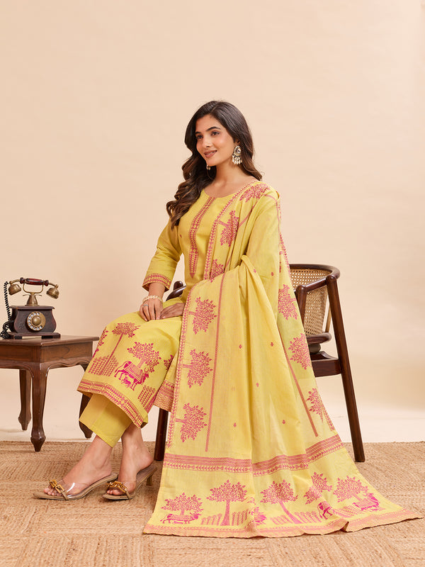 Women's Pure Cotton Jacquard Kurta With Pant & Cotton Dupatta Set