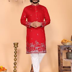 Men’s Heavy Linen Cotton Sequence Embroidered Kurta with Semi Cotton Chudidar