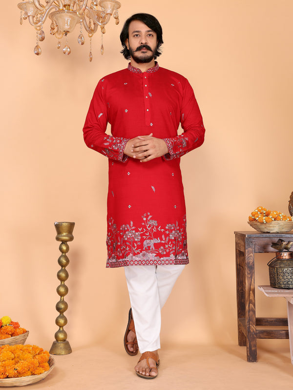 Men’s Heavy Linen Cotton Sequence Embroidered Kurta with Semi Cotton Chudidar
