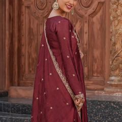 Women's Vichitra Silk Embroidered Kurta Palazzo & Dupatta Set