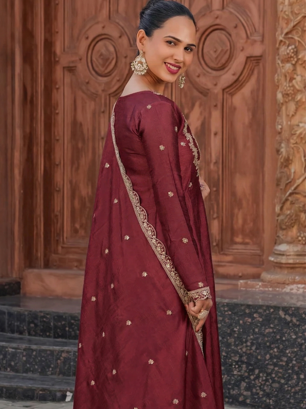 Women's Vichitra Silk Embroidered Kurta Palazzo & Dupatta Set