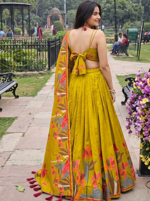 Women's Tusser Silk Floral Print Lehenga Choli with Foil Work & Gotta Patti Dupatta