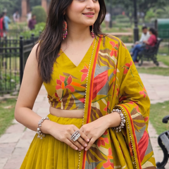 Women's Tusser Silk Floral Print Lehenga Choli with Foil Work & Gotta Patti Dupatta