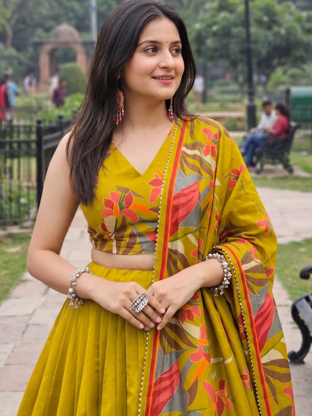 Women's Tusser Silk Floral Print Lehenga Choli with Foil Work & Gotta Patti Dupatta
