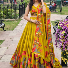 Women's Tusser Silk Floral Print Lehenga Choli with Foil Work & Gotta Patti Dupatta