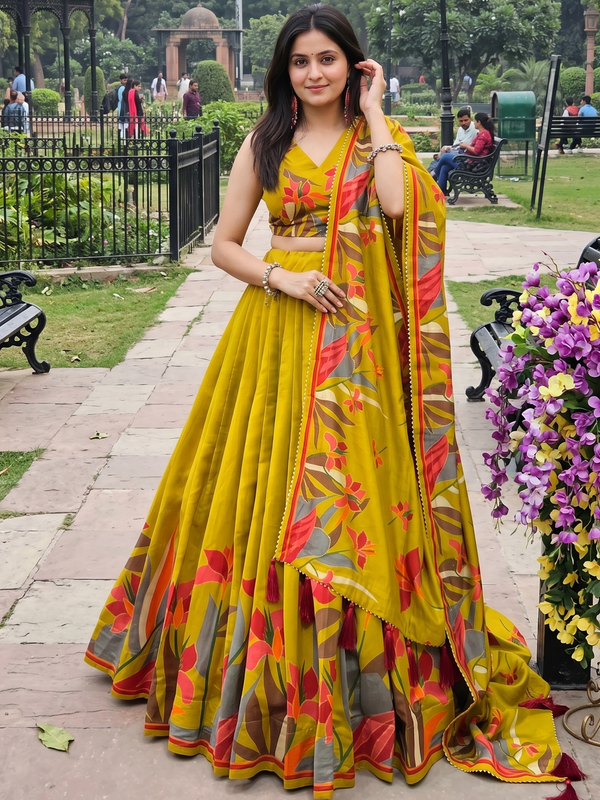 Women's Tusser Silk Floral Print Lehenga Choli with Foil Work & Gotta Patti Dupatta