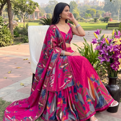 Women's Tusser Silk Floral Print Lehenga Choli with Foil Work & Gotta Patti Dupatta
