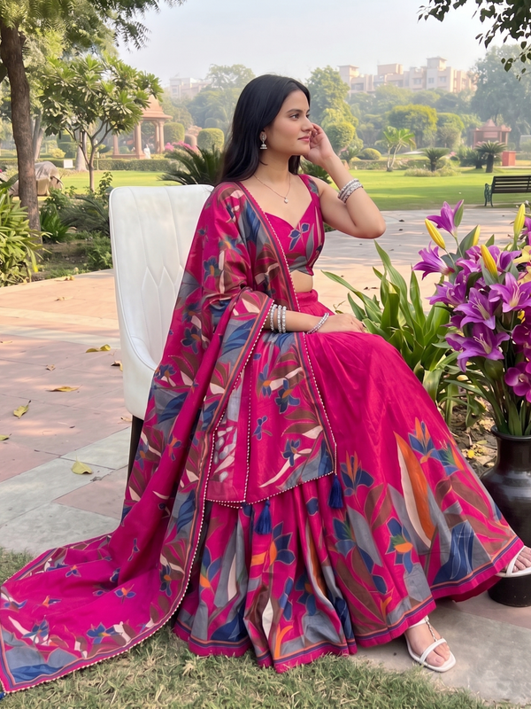 Women's Tusser Silk Floral Print Lehenga Choli with Foil Work & Gotta Patti Dupatta