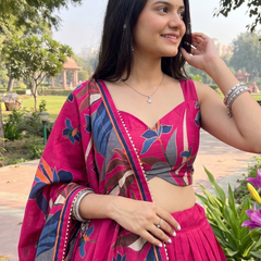 Women's Tusser Silk Floral Print Lehenga Choli with Foil Work & Gotta Patti Dupatta