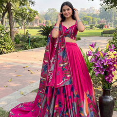 Women's Tusser Silk Floral Print Lehenga Choli with Foil Work & Gotta Patti Dupatta