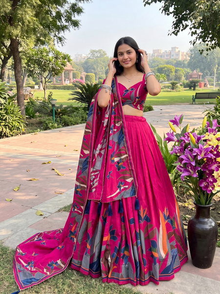Women's Tusser Silk Floral Print Lehenga Choli with Foil Work & Gotta Patti Dupatta