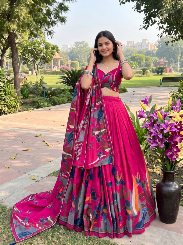 Women's Tusser Silk Floral Print Lehenga Choli with Foil Work & Gotta Patti Dupatta