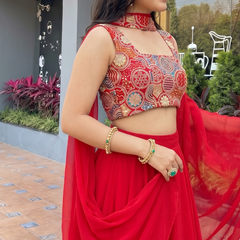 Women's Georgette Embroidered Lehenga Choli with Dupatta