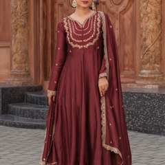 Women's Vichitra Silk Embroidered Kurta Palazzo & Dupatta Set