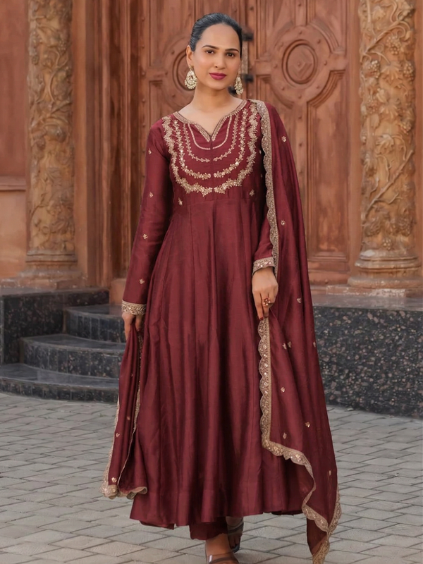 Women's Vichitra Silk Embroidered Kurta Palazzo & Dupatta Set