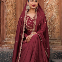 Women's Vichitra Silk Embroidered Kurta Palazzo & Dupatta Set