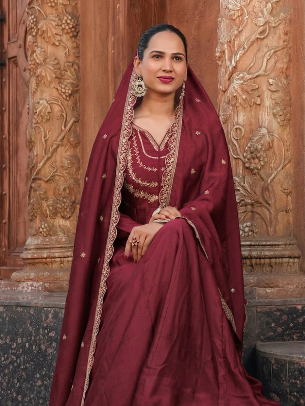 Women's Vichitra Silk Embroidered Kurta Palazzo & Dupatta Set